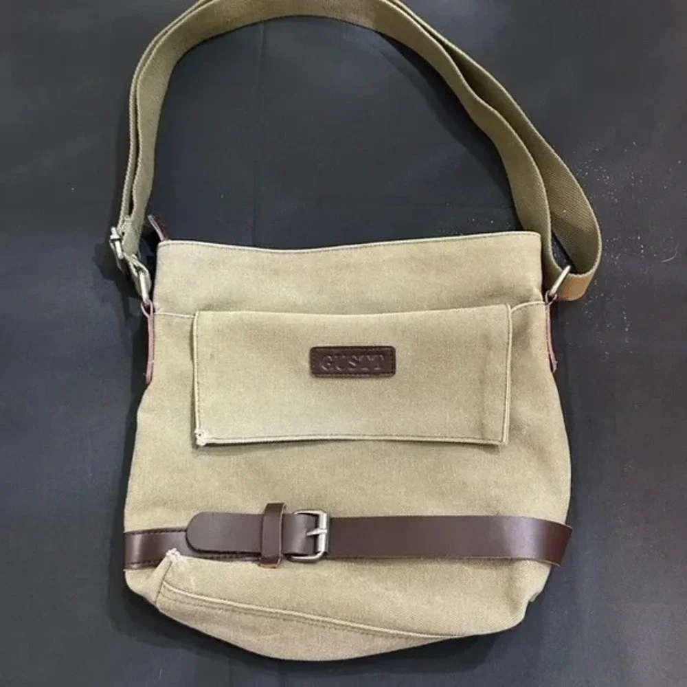 GUSTT Canvas Messenger Bag Khaki Brown Trim Adjustable Shoulder Crossbody Bag